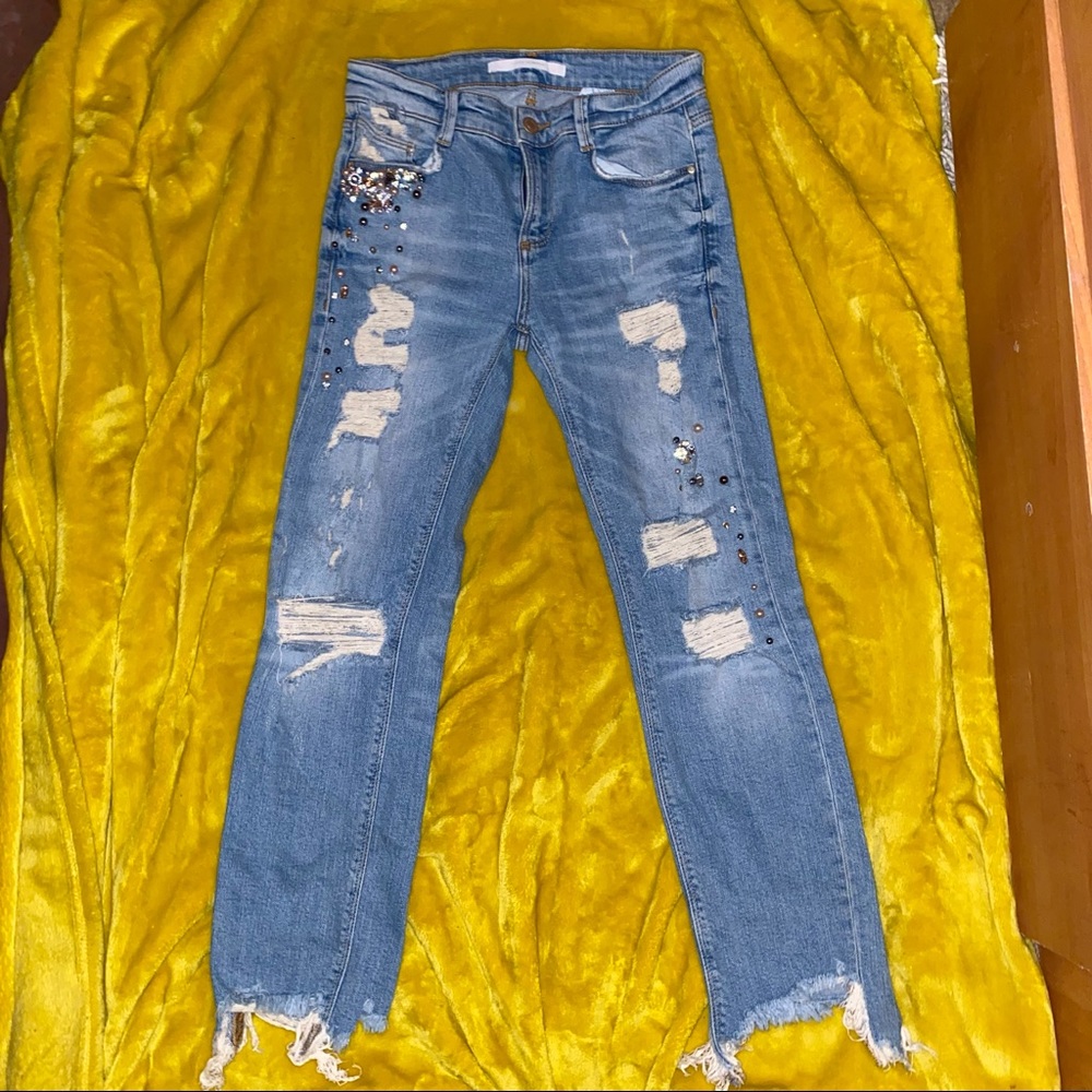 Zara Trf Diamante distressed Jeans